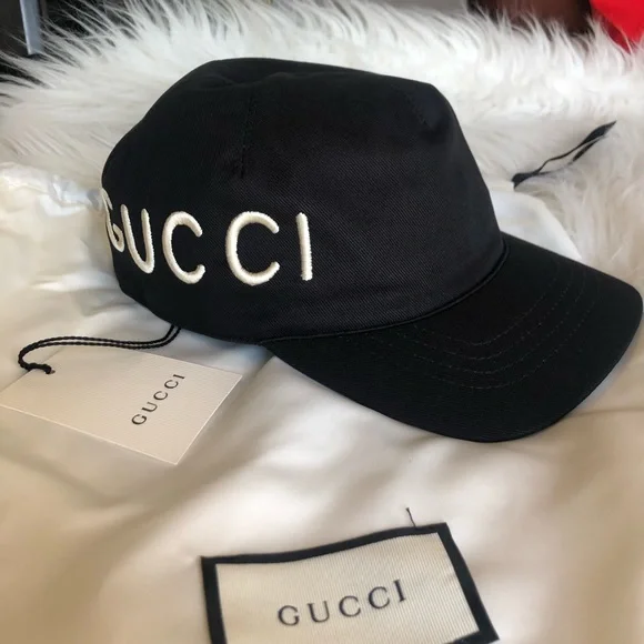 Gucci Black Baseball Cap Pence T.Gabardina Pesante ?️ Auth GUCCI Black Off White GABARDINE LOGO Unisex  main image 2